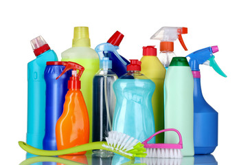detergent bottles and brushes isolated on white