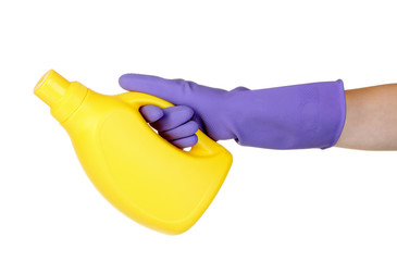 detergent bottle in hand isolated on white