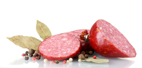 Tasty sausage and spices isolated on white