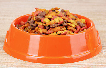 Dry cat food in bowl on wooden background