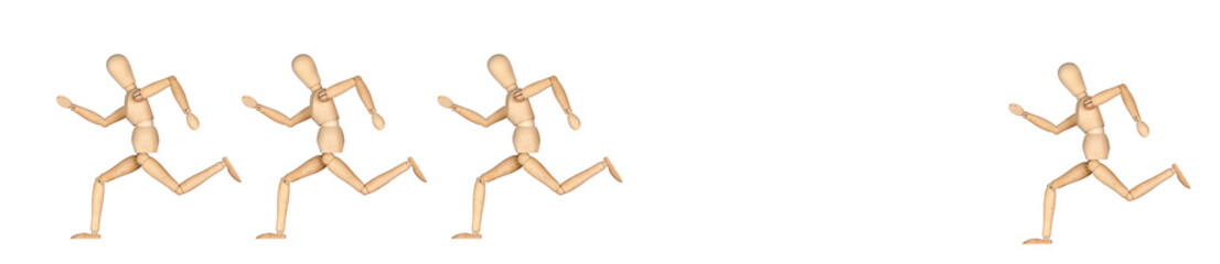 Four wooden mannequin running
