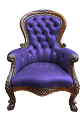 vintage purple leather armchair on white with clipping path