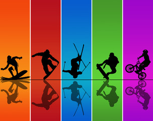 Active sports silhouettes over a rainbow background