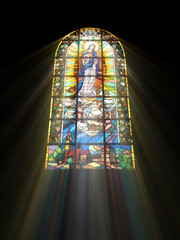 Biblical stained glass with rays of light shining through - obrazy, fototapety, plakaty