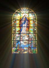 Biblical stained glass with rays of light shining through - obrazy, fototapety, plakaty