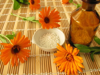 Homöopathische Globuli und Ringelblumenblüten