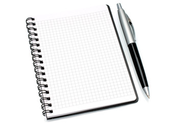 Notepad with ball pen on a white background