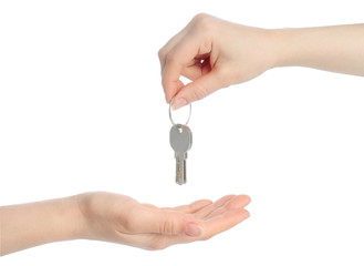Human hands and keys isolated on white background