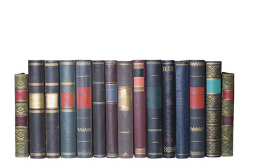 vintage books in a row, isolated on white background, blank labe