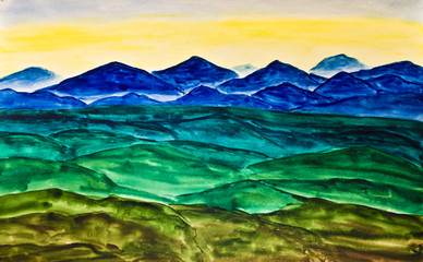 Hand painted picture, watercolours, blue hills