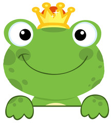 Fototapeta premium Cute Frog Prince Over A Sign Board