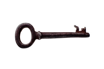 Old long rusty key isolated on a white