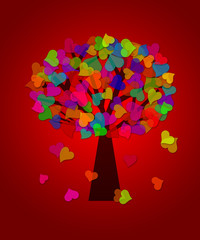 Colorful Valentines Day Hearts Tree Red Background
