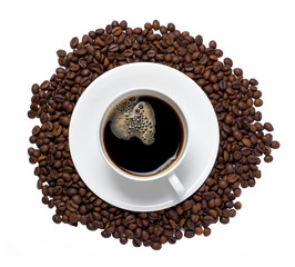 Cup of coffee and coffee beans isolated on a white