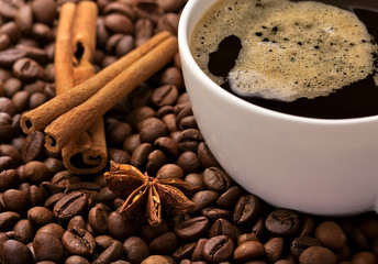 Coffee in beans with cinnamon bark and anise