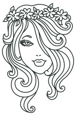 Beautiful woman with flower, linear illustration