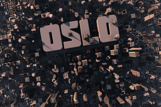 Luftansicht einer Stadt in 3D mit Schriftzug Oslo