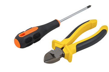 screwdriver and pliers isolated on white