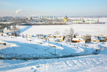 Fototapeta na wymiar February view Strelka from Fedorovsky embankment Nizhny Novgorod