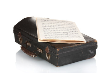 old case for musical instrument and notebook with notes