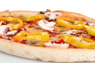 delicious pizza with sausage and vegetables isolated on white