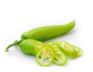 Green hot chili pepper on white
