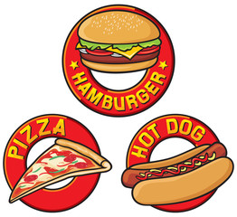 hamburger label, pizza label, hot dog label. fast food symbols