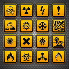 Hazard symbols orange vectors sign, on metal surface