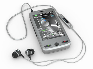 Mobile phone with headphones. 3d