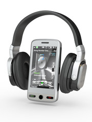 Mobile phone with headphones. 3d