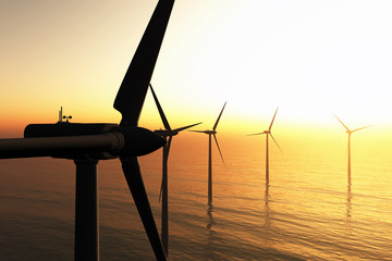 Wind Turbines in the Sea in the Sunset 3D render - 38704268