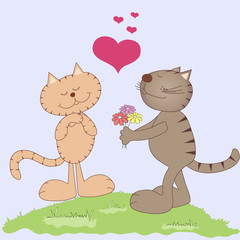 Two vector cartoon cats in love with flowers
