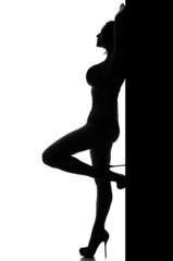 Woman curves in provocative erotic pose.