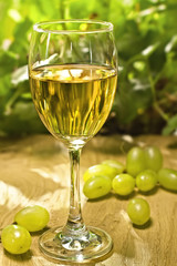 White wine on the wood surface, outdoor