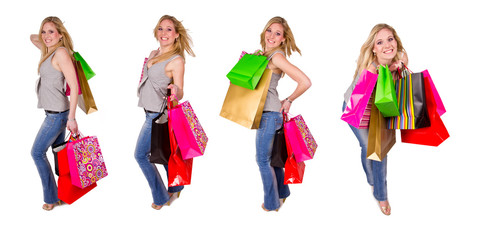 Collection of blond girl with shopping bags on white background