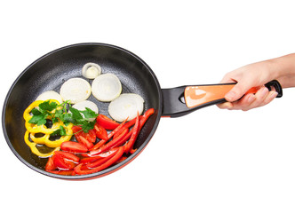 Pan with vegetables in a hand