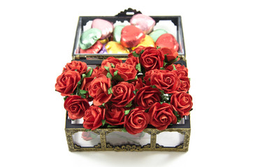Fototapeta na wymiar opening Chocolate boxes with roses