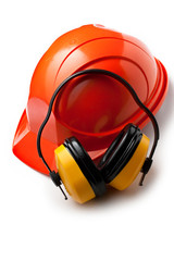 Red safety helmet with earphones