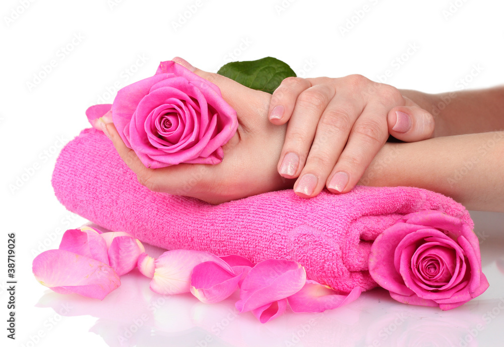 Wall mural pink towel with roses and hands on white background