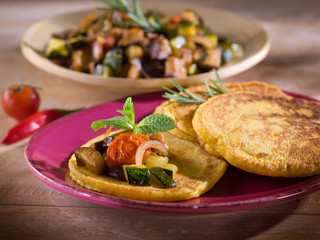 maize flapjack with vegetables