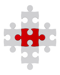 White puzzle and one red. Isolated 3D image