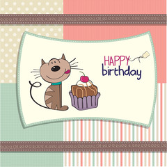 birthday greeting card with a cat waiting to eat a cake