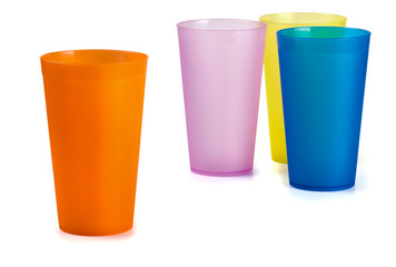 Four colorful plastic cups