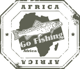 Stamp with fish shape and the text Africa, Go Fishing