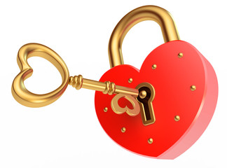 key opens the padlock, on a white background, 3d render