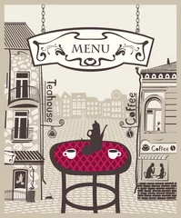 Cercles muraux Café de rue dessiné café de ville avec table et thé chaud