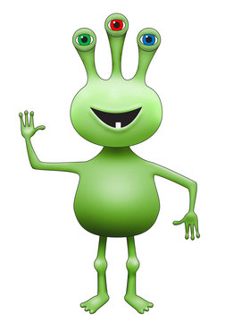 Green Three-Eyed Extraterrestrial Alien Waving