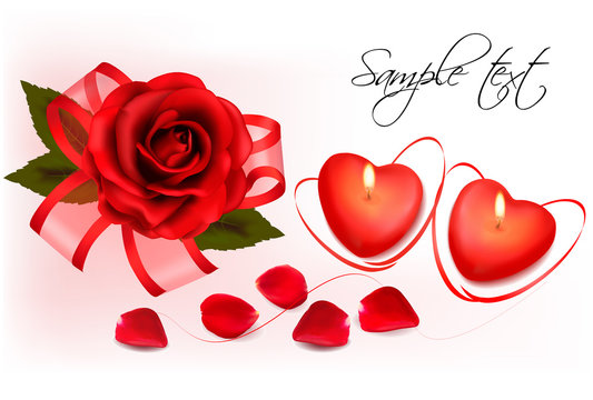 Valentine`s day background. Red roses and two heart candles