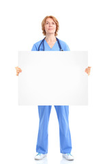 Doctor with banner.