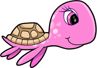 Acrylic prints Cartoon draw Pink Girl Summer Sea Turtle Animal Vector Illustration